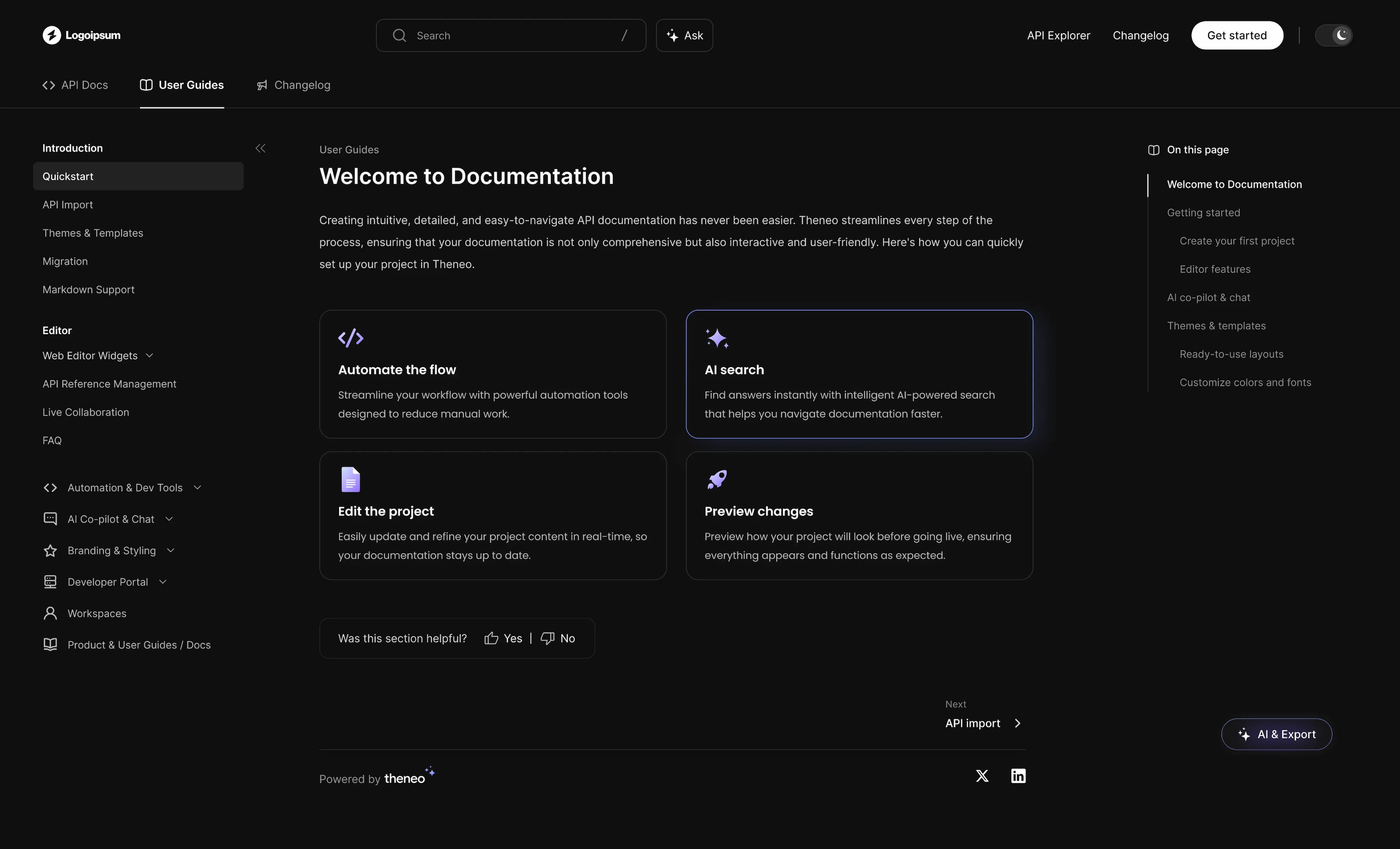 User Guides preview of the Theneo documentation portal