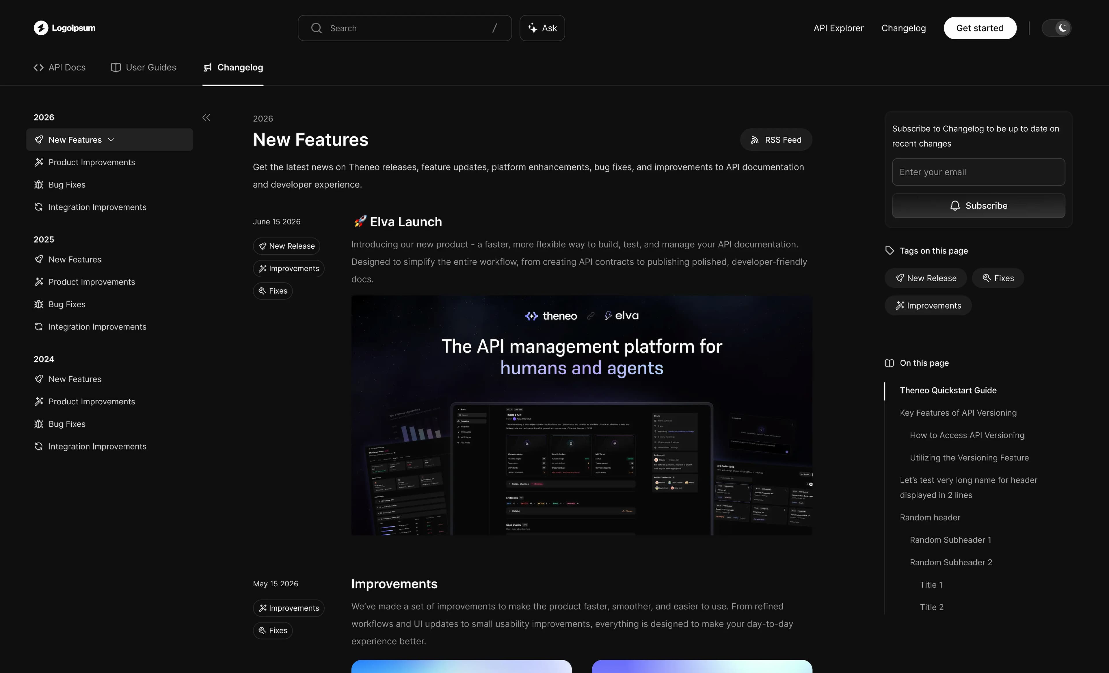 Changelog preview of the Theneo documentation portal